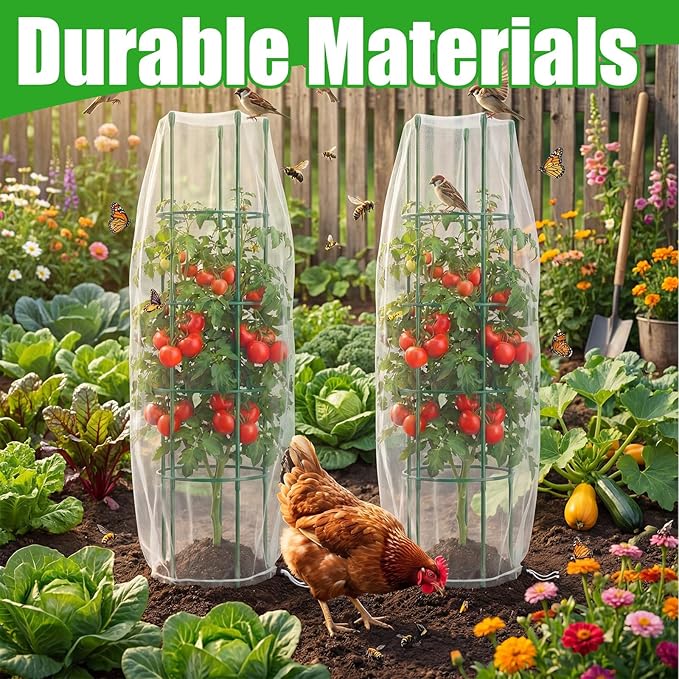 Qunclay 2 Pack Round Tomato Cages with 2 Pcs Garden Bird Netting Cover,57 in Adjustable 4-Tier Tomato Plants Trellis, Drawstring Plant Protection for Vertical Climbing Plants Vegetables Fruits