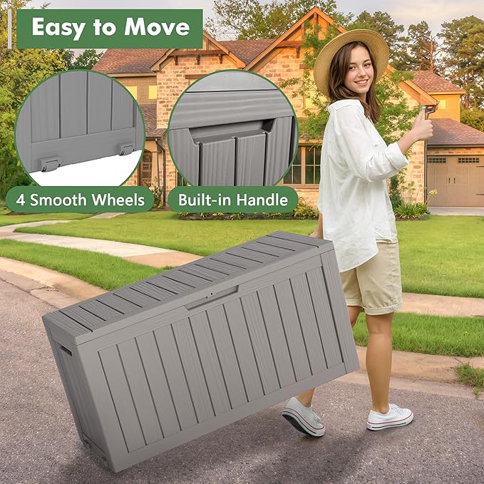 LHBGO 80 Gallon Deck Box Large Outdoor Storage Boxfor Patio Furniture,Outdoor Cushions, Garden Tools, Sports Equipment and Pool Supplies, Waterproof, Resin, Lockable