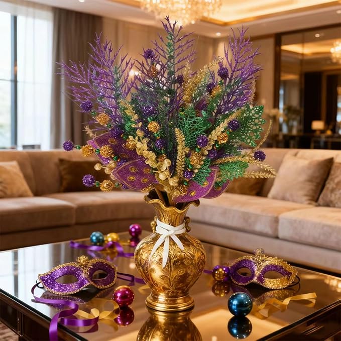 6 PCS Mardi Gras Picks Decoration, 19 Inch Large Glitter Purple Green Gold Floral Pick for Vase Filler, Table Centerpieces, Tree & Wreath DIY, Carnival Picks and Sprays Decor
