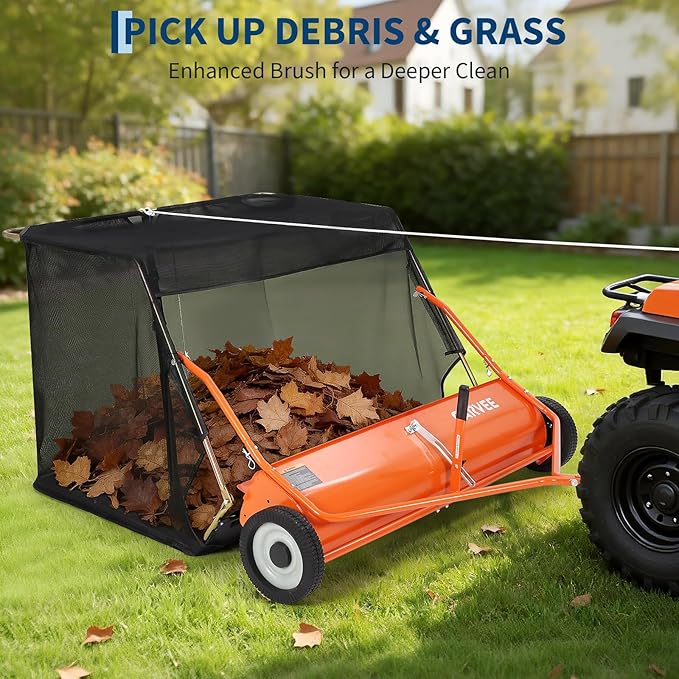 Garvee 52" Tow-Behind Lawn Sweeper – 27 cu.ft. Large-Capacity Pull-Behind Grass & Leaf Collector, Heavy-Duty Adjustable Height, Dumping Rope Design for Easy Debris Disposal, Fits Tractors & ATVs