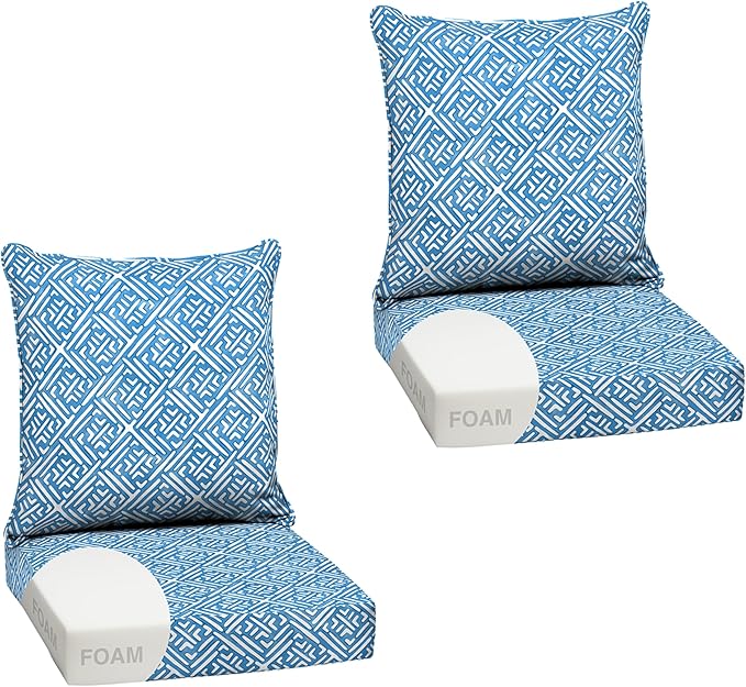 Arden Outdoor Foam Deep Seat Cushion Set (2-Pack), 24x24, Premium High-Density Foam, Never Flattens, Weather-Proof for Patio Chair Sofa Couch, Amalfi Blue Tile