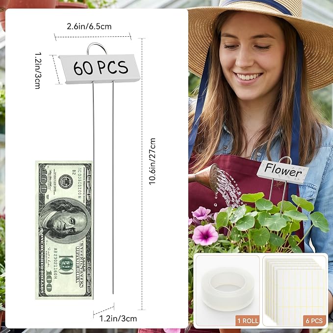Greaner 60 Packs Metal Garden Labels, 10.6'' Height White Plant Tags and Labels, Label Area 2.6''X 1.2'', Reusable Plant Tags for Outdoor Garden Waterproof