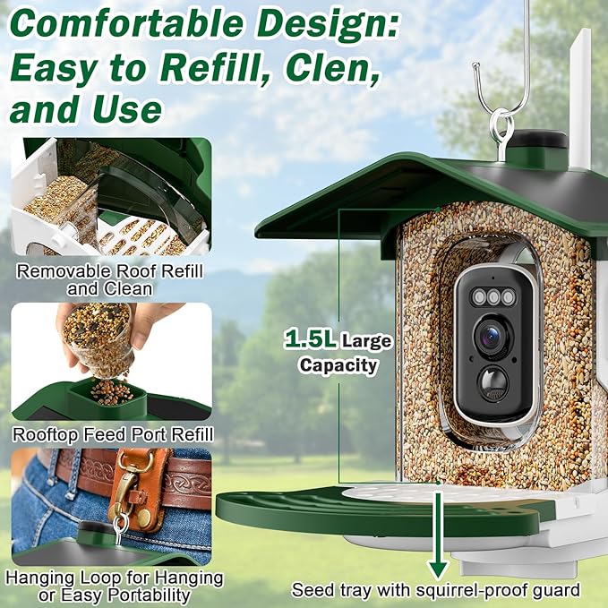 Smart Bird Feeder with Camera Solar Powered - AI Bird Identification, 2K HD Video Stream Camera, 3MP Photos, 2.9in Focus, Gifts for Mom Dad Birdlovers, Grass Green