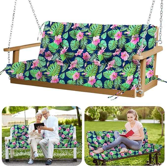 Porch Swing Cushions Outdoor 60 inch Waterproof Thicken 5" Swing Cushions Replacement with Backrest and Ties for Outdoor Furniture Porch Patio Garden Lawn (Rainforest Pattern)