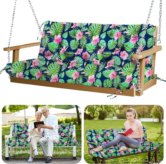 Porch Swing Cushions 70x40 inch Waterproof Outdoor Swing Cushions with Backrest and Ties Thicken 5" Swing Cushion for Outdoor Furniture Garden Lawn Patio Backyard (Rainforest Pattern)