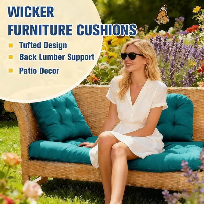Patio Furniture Cushions Outdoor, Waterproof Wicker Chair Cushions Set of 3, 1 Loveseat & 2 Seat Pads, Thick Outdoor Replacement Cushions for Porch Lawn Bench Couch Sofa Swing, Lake Blue