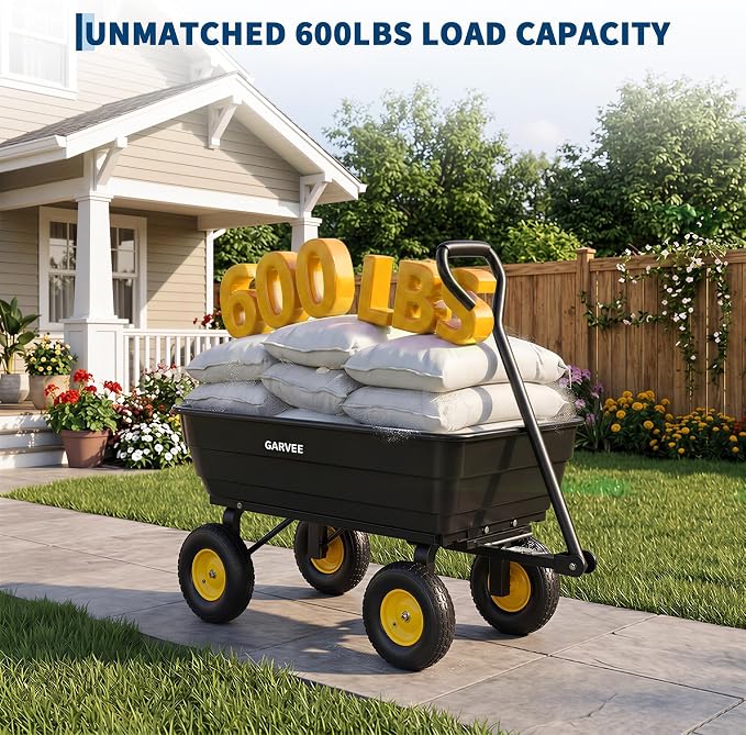 GarveeLife Poly Garden Dump Cart, 600 lb Wheelbarrow Yard Cart with 10 in Wheels, Quick-Dump & Towable Utility Wagon for Yard, Soil, Rocks（Black）