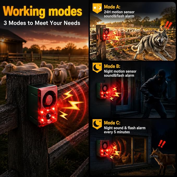 ChunHee Solar Outdoor Motion Sensor Alarm with Dog Barking Gunshot Sound, Support Recording and Adjustable Volume, 130db Loud Noise Maker 3 Work Modes Strobe Light for Home, Villa, Farm, Barn (6pack)