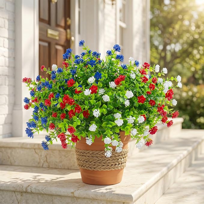 Hananona 12 Pcs Artificial Flowers Outdoor, Faux Artificial Plants UV Resistant Plastic Patriotic Flower Bulk for 4th of July Hanging Planter Porch Window Home Summer Decor 12, Red, White, Blue
