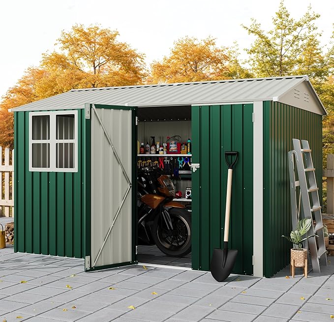 Garvee 10X8 FT Storage Shed with Cross Windows & Double Doors, 450 Cu Ft Large Outdoor Tool Shed, Garden Shed for Riding Mower, Bike, Lawn Equipment - All Weather Meta