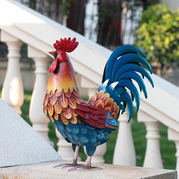 Kircust Metal Rooster Statue 13.4" Weatherproof Garden Decor | Outdoor Garden, Lifelike, Weatherproof Rustproof, Farmhouse Chicken Sculpture, Patio Yard Decor