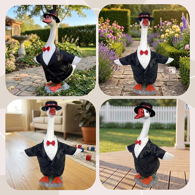 Porch Goose Statue with Gentleman Black Siut Outfits- 19.5" Garden Resin Goose Decorative Figurine Cute Sculpture for Outdoor Indoor Patio Lawn Yard Balcony Decor Housewarming Gifts