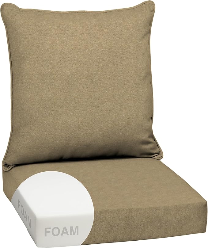 Arden Olefin Outdoor Foam Deep Seat Cushion Set, 24x24, Premium High-Density Foam, Never Flattens, Weather-Proof for Patio Chair Sofa Couch, Tan Hamilton
