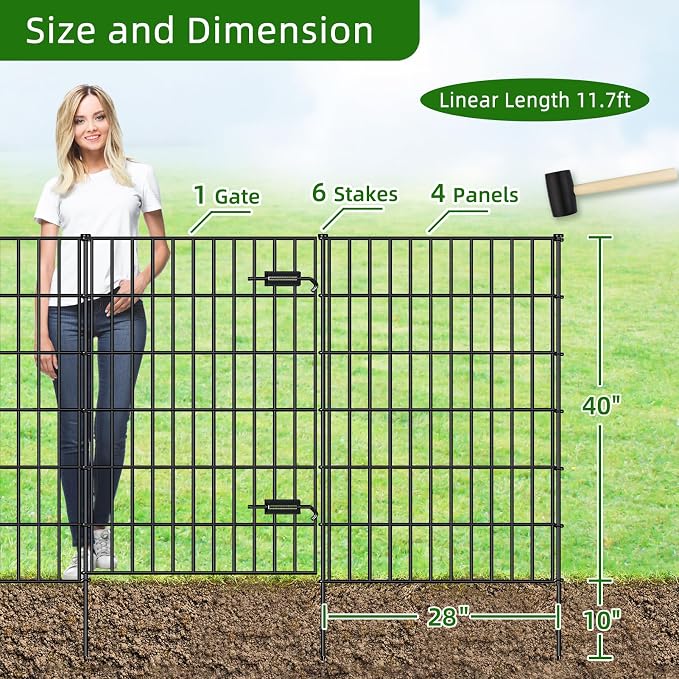 FOREHOGAR Metal Garden Fence with Gate 40in (H) x 11.7ft (L), 1 Gate + 4 Panels Dog Fence Border Fence Animal Barrier, No Dig Garden Fencing for Yard Flower Bed Lawn Patio Outdoor, PIN402805G Black