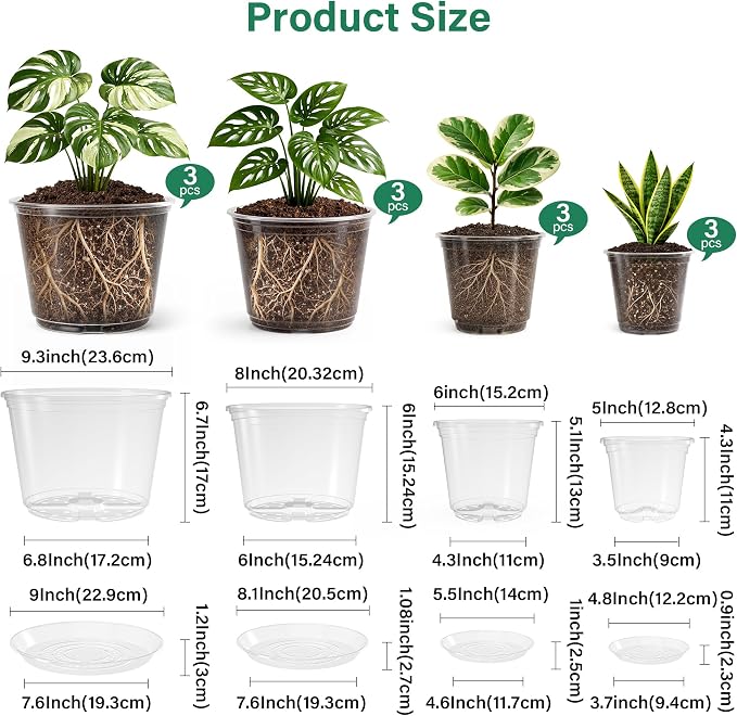 Bluepro 12 Pack 10/8/6/5 Inch Reinforced Large Clear Nursery Pots with Sacuers, Transparent Variety Pack Plastic Garden Pot with Drainage Holes for Vegetable Propagation, Root Cutting, Seed Starting