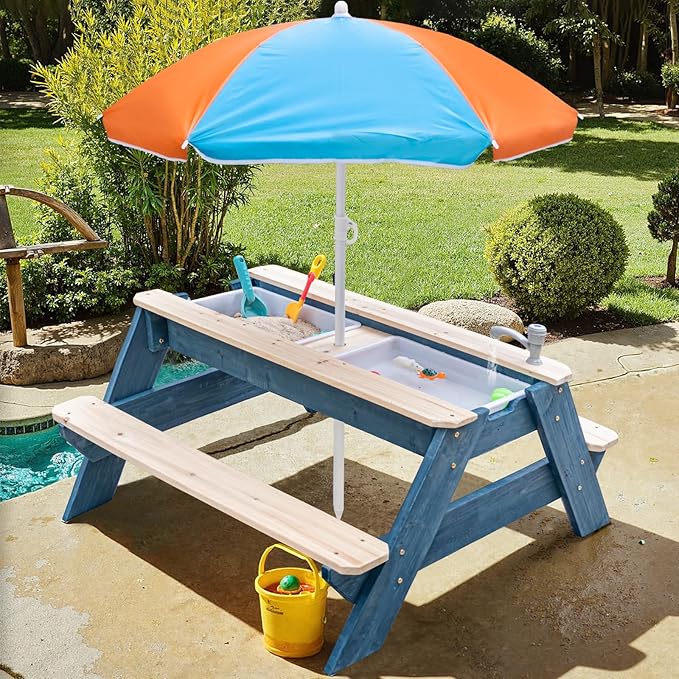 Kids 3-in-1 Sand & Water Table, Wood Outdoor Convertible Picnic Table w/Umbrella, 2 Trays, Removable Top with Faucet, Picnic Table for Outdoor Playset (Blue/Orange)