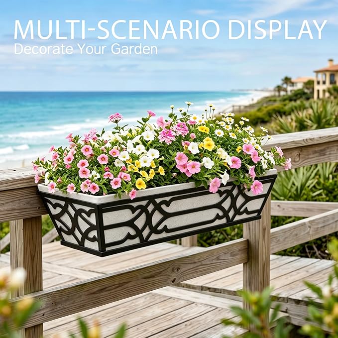 Window Planter Box, Railing Planter Box with Non-Woven Fabric Liners, 4 Pack 24" Hanging Flower Baskets for Outdoor Plants, Metal Deck Railing Planters with Adjustable Brackets, Apartment Balcony
