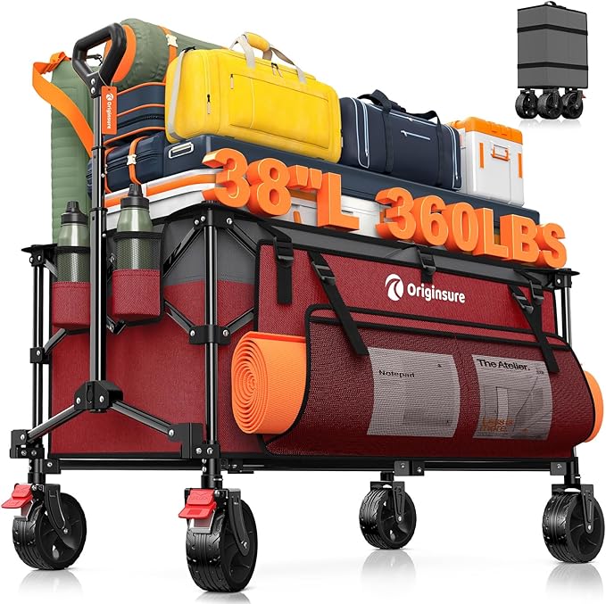 Originsure 220L Collapsible Wagon Cart Foldable, 38" L Extra Large Heavy Duty Folding Beach Wagons with All-Terrain Wheels, Utility Carts for Camping, Sports, Shopping, Groceries - Grey&Red