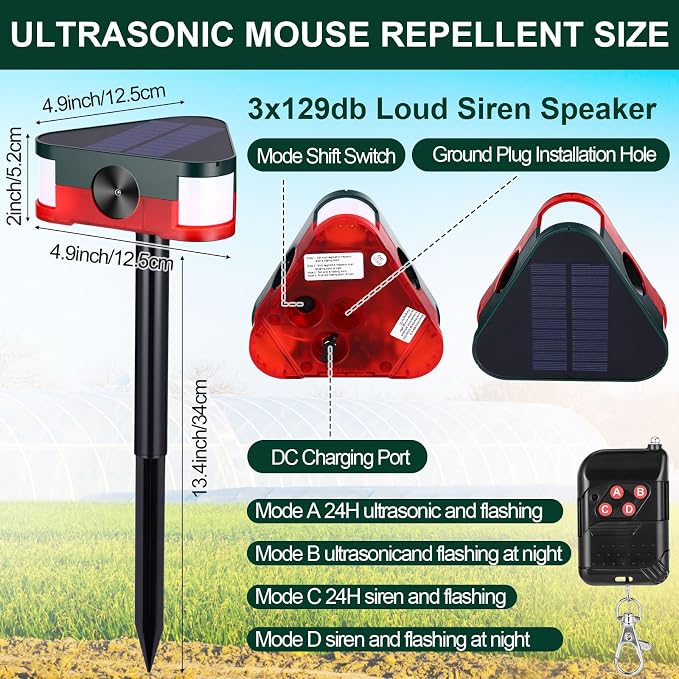 Qualirey 4 Pack 360° Solar Outdoor Motion Sensor Alarm 4 Modes Ultrasonic Animal Deterrent with 3 Loud 129dB Sirens Flashing Light Remote Control for Yard Garden Farm Repel Deer Coyote Raccoon Dog