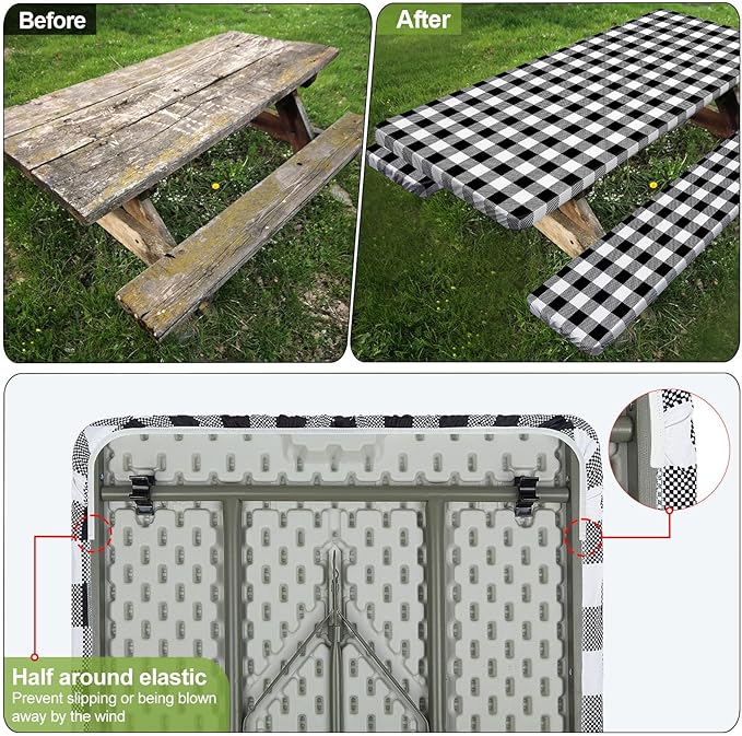 Picnic Table Cover with Bench Covers Camping Essentials Waterproof Windproof Camping Tablecloth with Drawstring Bag, Fitted Rectangle Tables and Seats, 96in, White Black Checkered