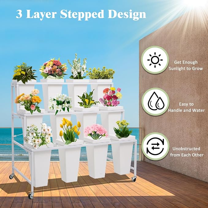 Flower Display Stands with Buckets, 3-Tier Rolling Plant Stand with Locking Wheels - Heavy Duty Metal Flower Cart for Indoor/Outdoor Use, Wedding Decor & Florist Displays (Holds 12 Pots) (Black)