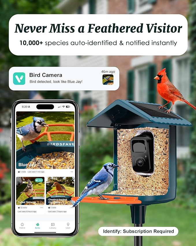Bird Feeder with Camera Solar Powered, 2K Live Arrival Alert Auto Capture Video with 32GB TF Card, AI Identify Smart Camera Bird Feeder Ourdoor Backyard Gift for Mom Dad Birdlover, 2.4G WiFi