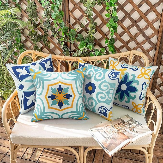 Pyonic Outdoor Waterproof Throw Pillow Covers Set of 4 Floral Printed and Boho Farmhouse Outdoor Pillow Covers for Patio Funiture Garden 18x18 Inch Blue