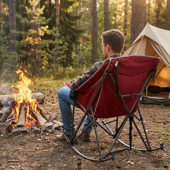 SUNNYFEEL Oversized Folding Rocking Camping Chair Fully Padded Patio Chair Red Portable Outdoor Rocker High Back Portable Lawn Recliner with Side Pocket Camp Rocker Chairs Heavy Duty 500 LBS