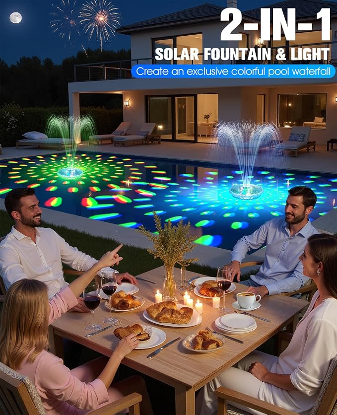 Solar Pool Fountain with Light Show, 2026 Upgraded Large Solar Pool Water Fountain, Floating Pool Fountain for Above Ground Pool,Solar Floating Fountain Pump for Nighttime Use Blue-1PK