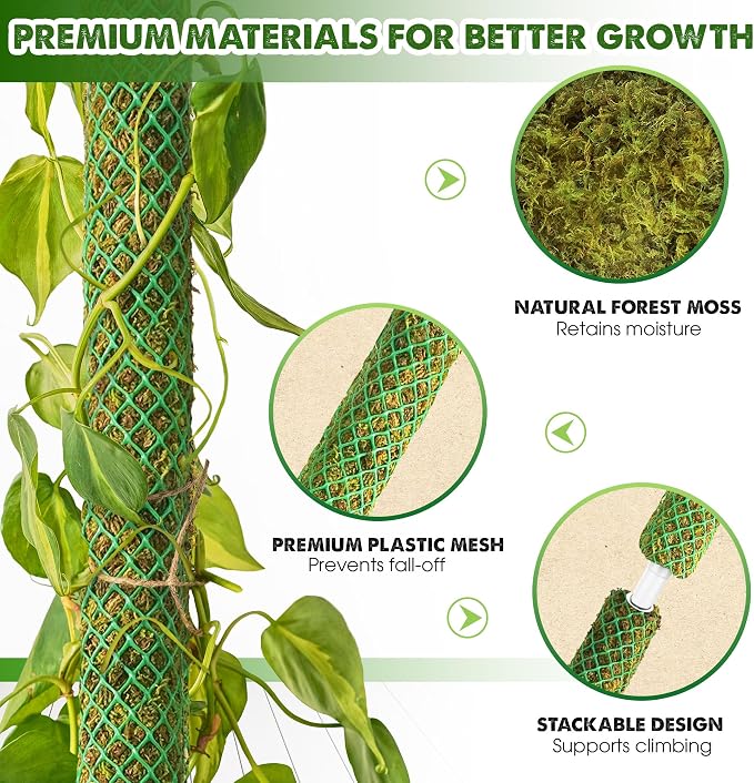DUSPRO 4 Pack 22" Green Stackable Mesh Moss Pole for Plants – Extendable Up to 71", Natural Forest Moss Pole Monstera Plant Support, Moss Stick for Climbing Plants, Indoor Plant Stakes Accessories