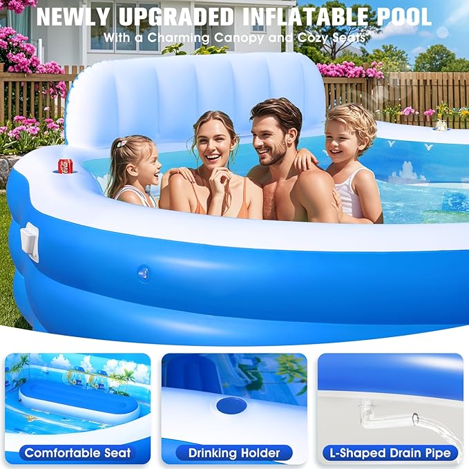 2026 Extra Large Upgraded Inflatable Pool with Canopy, Inflatable Family Lounge Pool, Round Blow Up Pool for Adult with Bench&Backrest,Swim Center Easy Backyard Pools for Kids & Adults, Blue