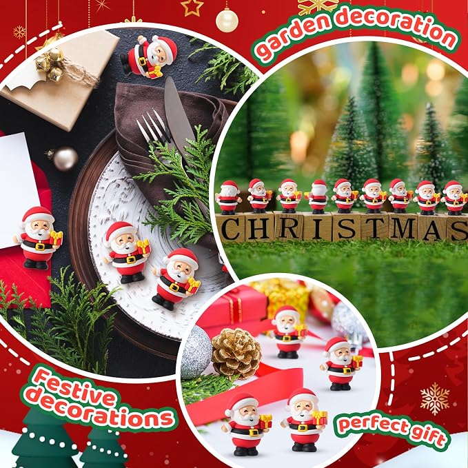 Chunful 100 Pcs Christmas in July Mini Santa Figurines Holding a Gift Tiny Santa Rubber Figure to Hide and Seek Small Statue Xmas Party Supplies Gifts for Xmas Fairy Garden Home Table Decor (Gift Box)