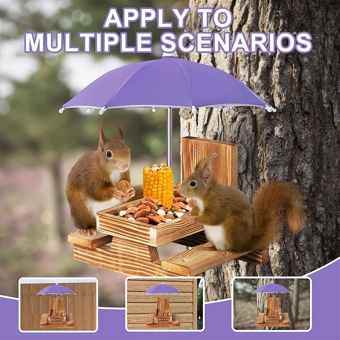 Gnodary Squirrel Feeder with Umbrella, Squirrel Feeders for Outside, Squirrel Picnic Table Feeder - Chipmunk Feeder Hold Corn, Corn Cob, Peanuts Style2 (Purple)