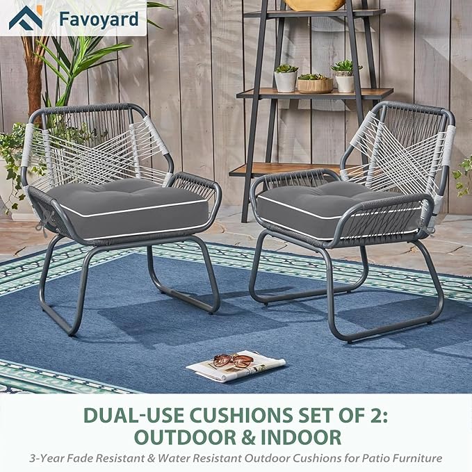 Favoyard Patio Chair Cushions 19 × 19 Inch Water Resistant & 3-Year Color Fastness Outdoor Chairs Cushion for Seat Dining Rocking Wicker Chair Cushion with Tie Straps Tufted Square Pads, Grey, 2 Pack