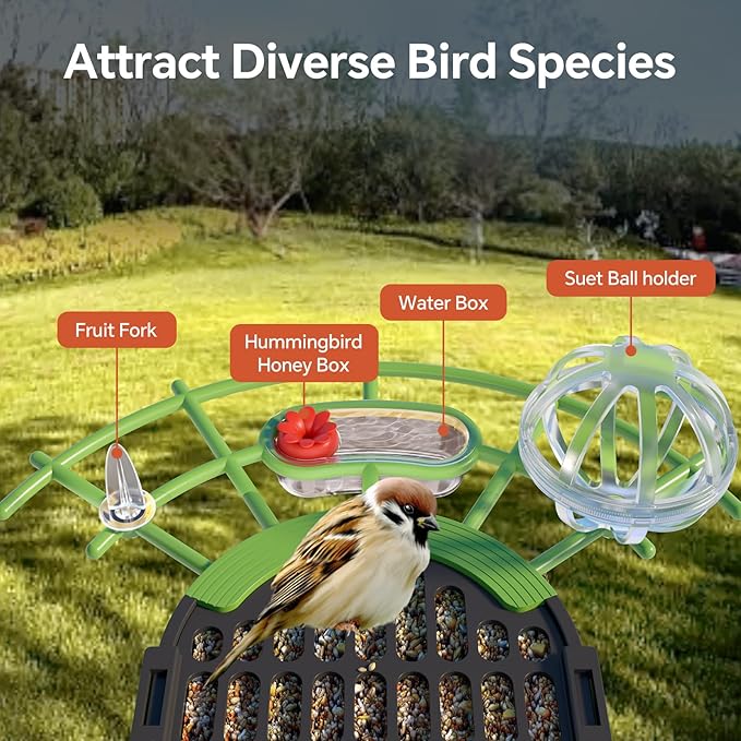 Wild Bird Feeders for Outdoors: Humming Bird Feeder with 4 in 1 Food Tray, 2L Large Capacity, Easy Mount, Suitable for Finch, Cardinal, Safflower and Other Birds, Gift for Birdlovers - Green