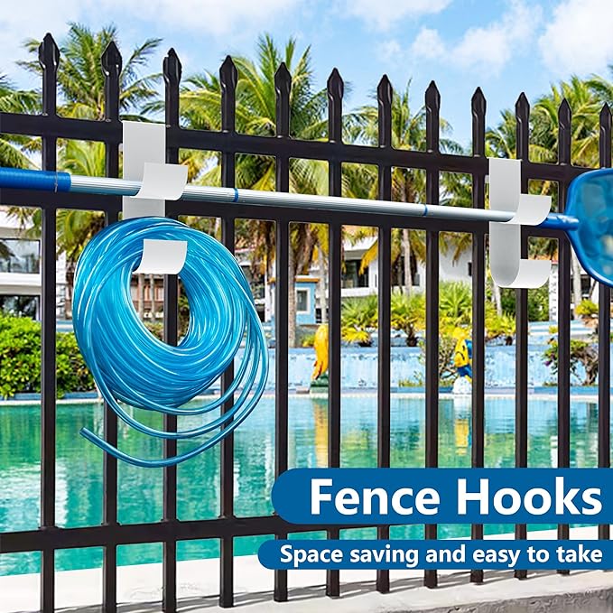 codree 2 PCS Pool Fence Hooks for Pool Equipment, White Heavy Duty Fence Hooks for Pool Poles, Slipe-on Fence Hanger for Pool Hose Pool Skimmer, Fit 3/4 Inch to 1-1/4 inch Railing