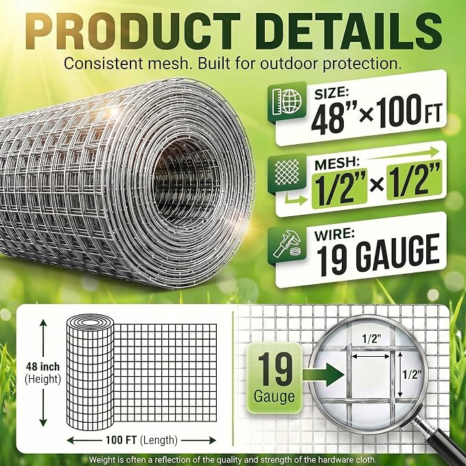 48'' x 100' Hardware Cloth 1/2 inch 19 Gauge - Hot-dip Galvanized After Welding, Chicken Coop Wire Fence Wire Mesh Screen, Rabbit/Snake Fences, Netting Wire Cloth Galvanized Wire Mesh Roll