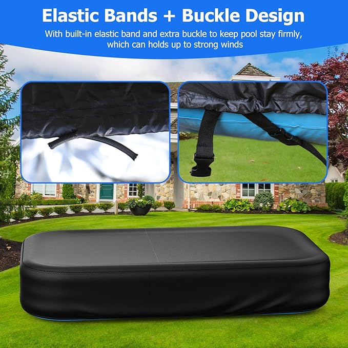 Rectangular Pool Cover for Inflatable Pool, Fits Blow Up Pool Size 130" L x 72" W, Built-in Elastic Band and Extra Buckle to Prevent Slipping, 11' x 6' Rectangle Above Ground Swimming Pool Cover