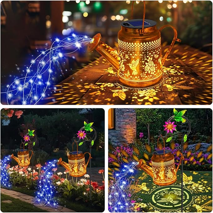 Solar Lanterns Outdoor Waterproof, Gift for Mom Grandma Women Wife Daughter Mother's Day, Blue Hummingbird Watering Can Light With Shepherd Hook, Solar Path Light Yard Art Outdoor Patio Garden Decor