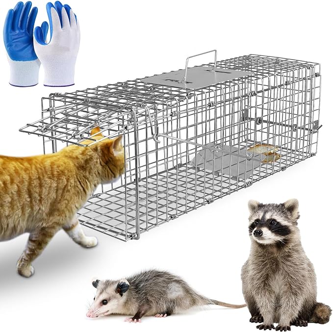 TeqHome Humane Animal Cage Trap,26"x9"x10" Heavy Duty Foldable Collapsible Galvanized Steel Live Trap for Stray Cats, Raccoons, Groundhogs,Squirrel,Chipmunk,Indoor/Outdoor Use,Easy to Catch & Release
