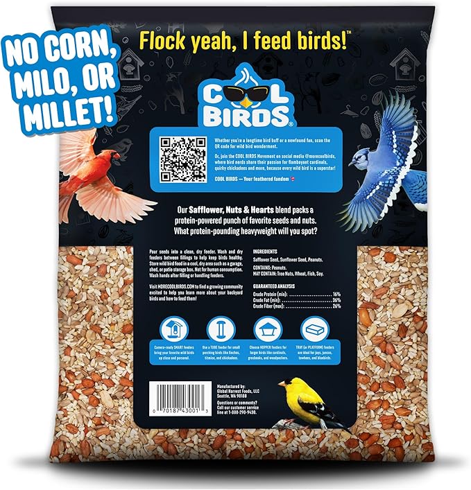 Cool Birds Safflower, Nuts & Hearts Wild Bird Seed – 10 lb. Gourmet Bird Food with Safflower, Sunflower Hearts & Peanuts – No Corn, Milo or Millet, No Waste Bird Food for Outside Feeders
