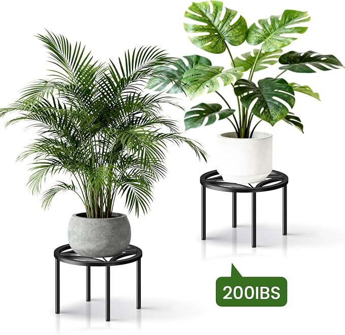 TOSKING 2-Pack Fully Assembled Heavy Duty Metal Plant Stand, Geometric Flower Pot Holder for Heavy Potted Plant, Rustproof Iron Plant Riser with Adjustable Feet, 200 LBS Capacity, No Installation Required, Indoor/Outdoor, Black (11.81"Dia x 6.5"H)