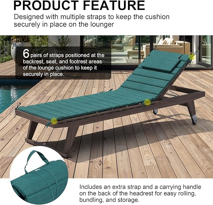 Crestlive Products Chaise Lounge Cushion Outdoor Set of 2, Foldable Waterproof Pool Lounge Chair Cushions with Straps, Lounger Cushions for Outdoor Furniture, 71''Lx21''W (Malachite)