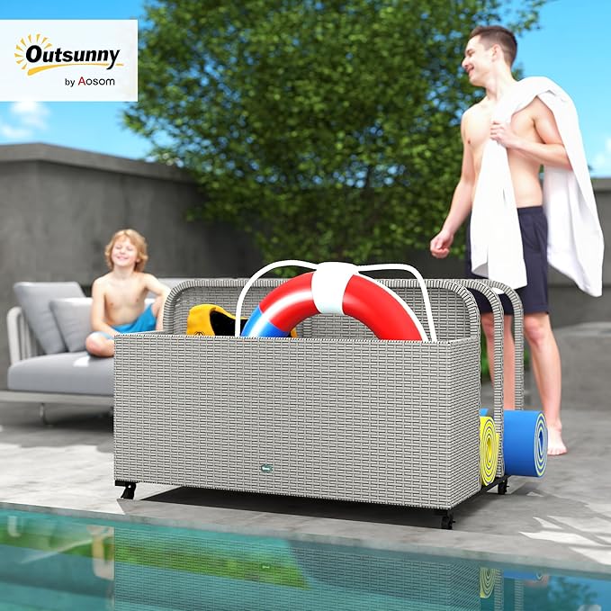 Outsunny Wicker Patio Pool Float Storage Basket, PE Rattan Outdoor Pool Caddy with Rolling Wheels for Floaties, Noodles, Life Vests, Beach Balls, Patio Furniture, Mixed Gray