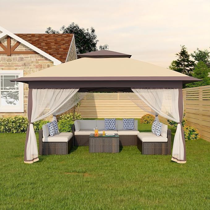 GarveeLife Canopy Tent 13x13 ft, Pop Up Gazebo One-Push Setup with 4 SandBags for Backyard Parties and BBQs, Mosquito Netting & Height Adjustable - Khaki & Coffee