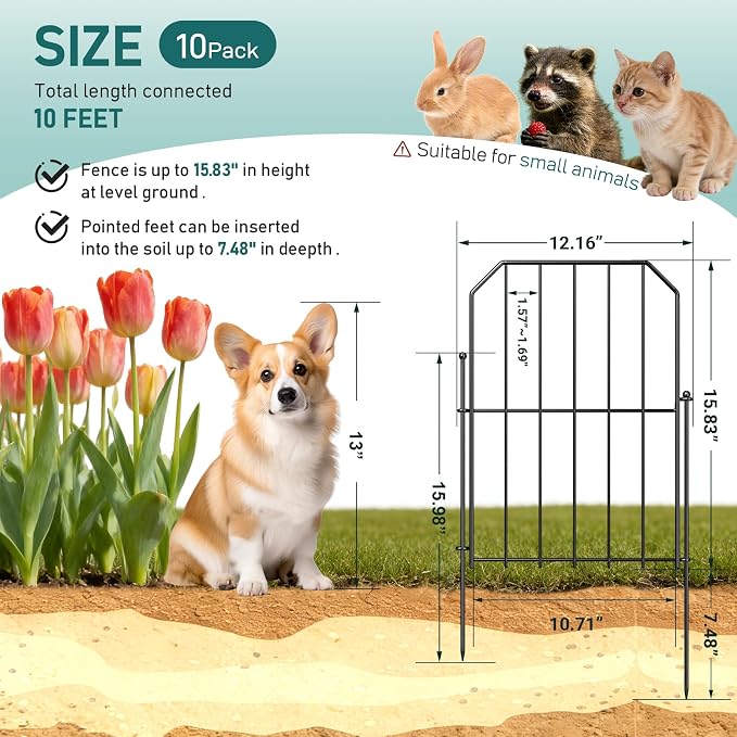 Goovilla Garden Fence, Total 10ft(L) x 24in(H) Garden Fencing Animal Barrier, 10 Pcs Rustproof Metal Wire No Dig Fence Panels, Black Decorative Garden Fences and Borders for Dogs, Flower Bed, Patio