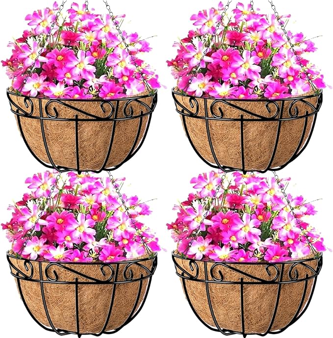 AMAGABELI GARDEN & HOME 4 Pack 12 Inch Metal Plant Hanging Baskets Planter Flower Pots Outdoor Indoor Wire Hanging Basket for Vegetable with Coco Fiber Liners for Garden Home Porch Decor