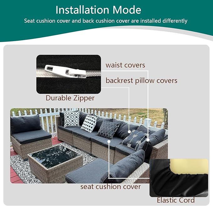 Outdoor Cushion Covers Replacement 14 Pcs Patio Cushion Covers fit for 7Pieces 6-Seater Wicker Rattan Sectional Couch Sofa Outdoor Cushion Slipcovers Set Seat and Back Cover Only, Black