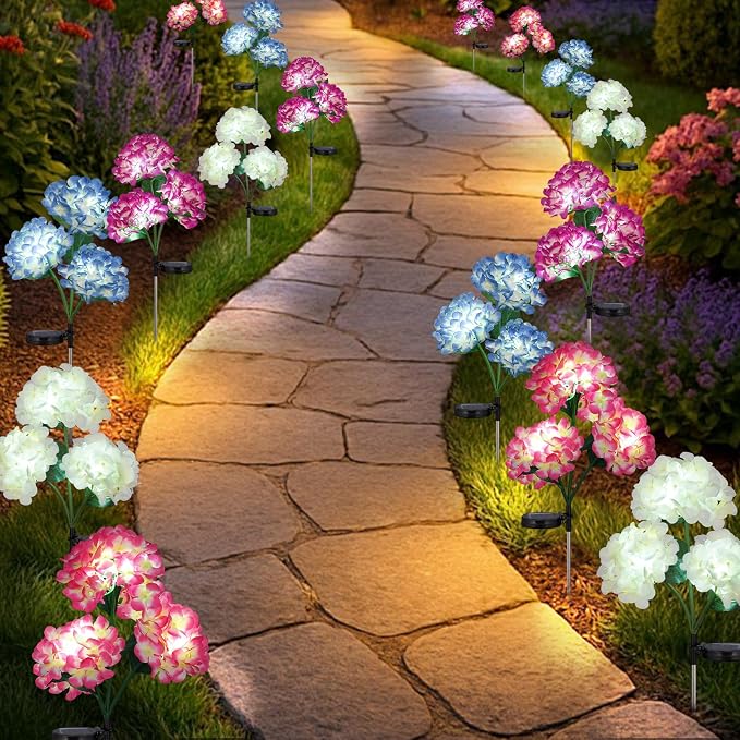 4-Pack Solar Hydrangea Garden Decor, 4 LED Flower Stake Lights - Waterproof Long-Lasting Outdoor Solar Patio Decor for Lawn, Yard & Pathway