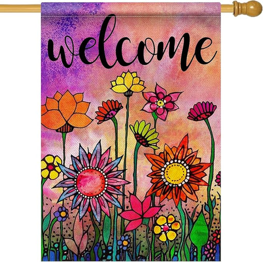 Hzppyz Welcome Spring Summer Watercolor House Flag Double Sided, Flowers Decorative Garden Yard Lawn Outdoor Large Burlap Flag Vintage Sunflower Decor Farmhouse Seasonal Outside Decorations 28 x 40